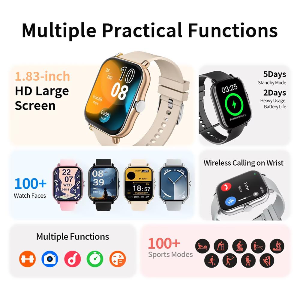 New Smartwatch BT Call Health&Sleep Monitor 1.83'' HD Screen Smart Watch Waterproof Fashoin Sports Bracelet For Women Men HW12