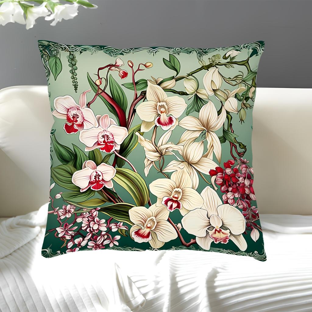 Orchid Flower Print Throw Pillow Cover, Vintage Floral Art Decorative Cushion Case For Sofa Bedroom