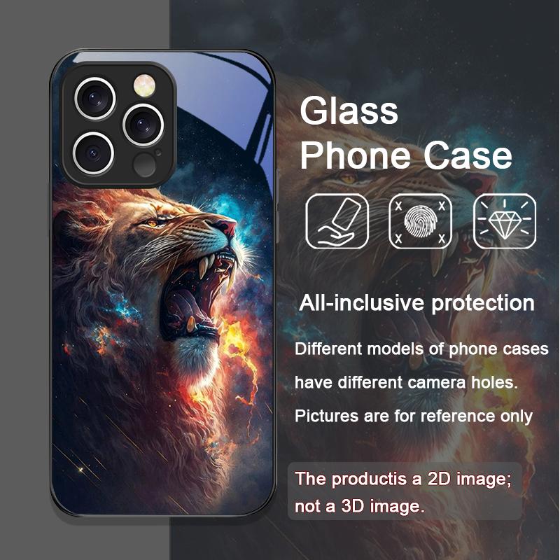 Luxurious Golden Flame Lion Pattern Tempered Glass Phone Case for IPhone 16 Pro Max 15 14 13 12 Mini 11 PRO XS XR 7 8 Plus Cover