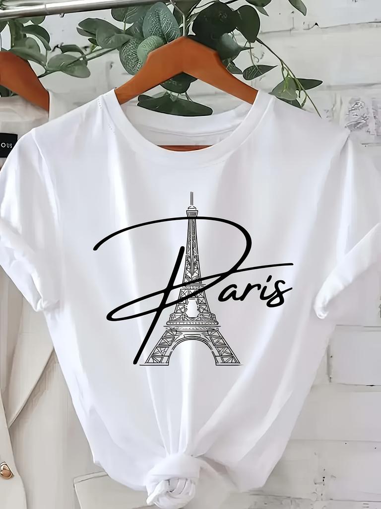 Womens Paris Eiffel Tower Graphic Print TShirt White Short Sleeve Crew Neck Casual Top Breathable Summer Aesthetic Clothes