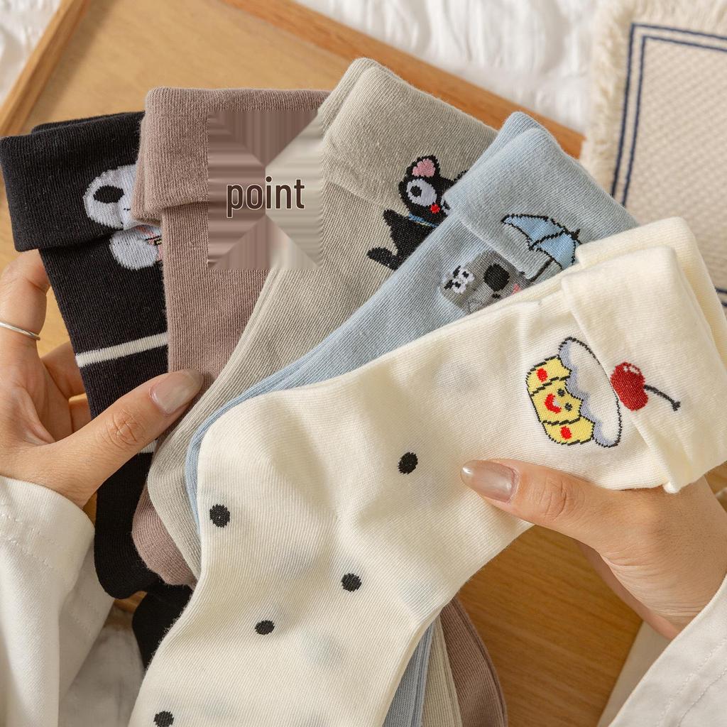 Women's 3D Cartoon Animal Polka Dot Mid-Calf Socks, Korean Sporty Academy Style