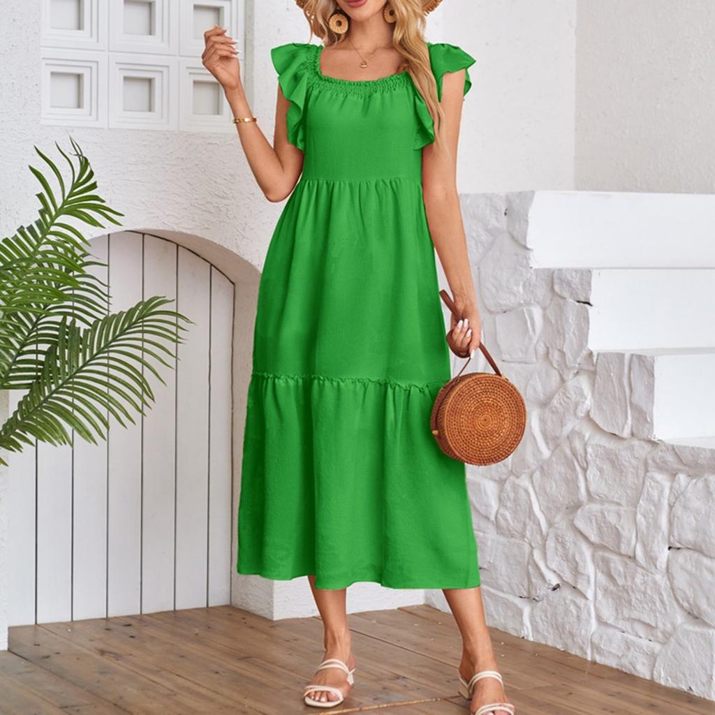Women's Fashion Loose Fly Sleeve Square Neck Strapless Pleated Splicing Ruffle Hem Dresses