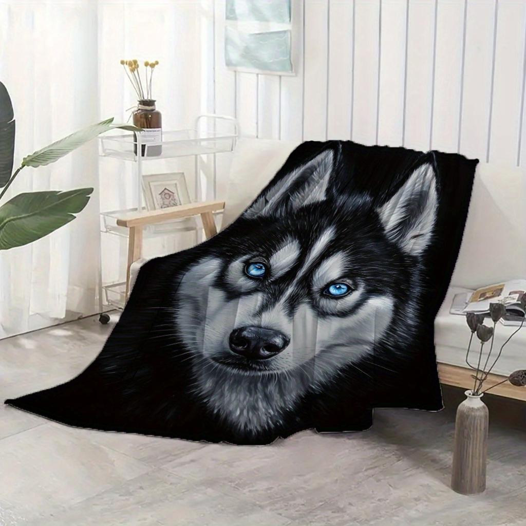 Cozy Husky Dog Print Flannel Blanket, 280gsm Soft Warm Fleece Throw for Sofa, Bed, Travel, Camping, Living Room, Offic