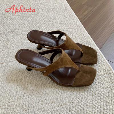 Fashion Aphixta Women Classic Slides Cow Suede Thin Heels Slippers For Women Summer Beach Sandals Outdoor Flip Flops Ladies Shoes