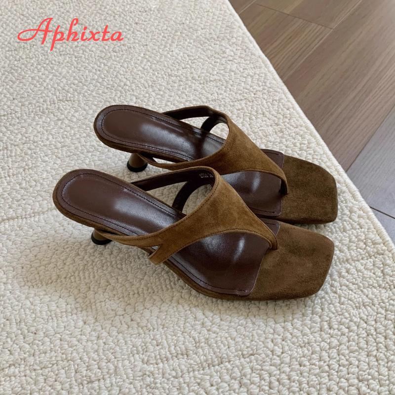 Fashion Aphixta Women Classic Slides Cow Suede Thin Heels Slippers For Women Summer Beach Sandals Outdoor Flip Flops Ladies Shoes