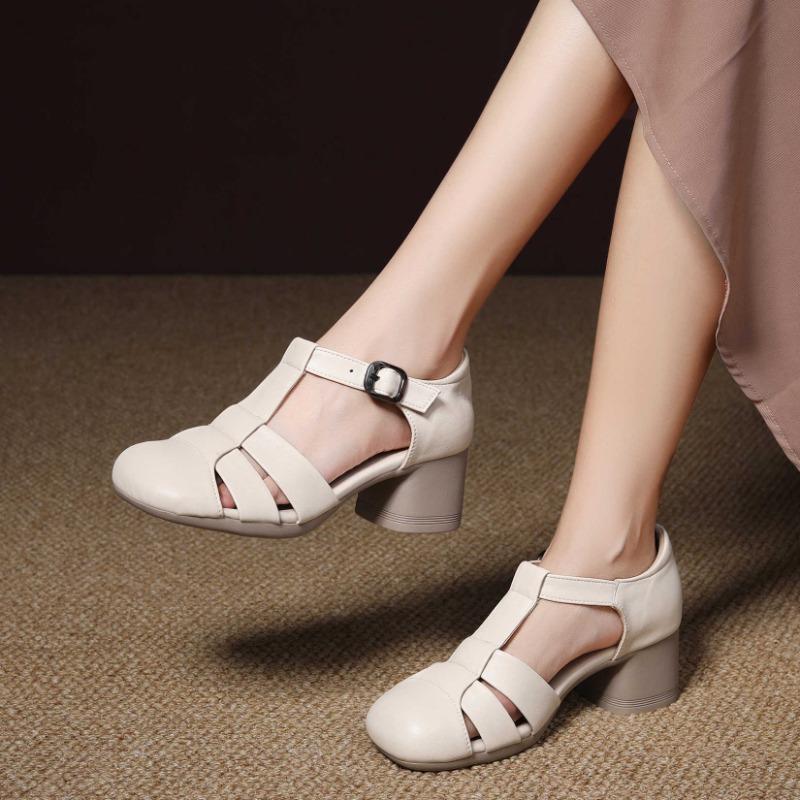 New summer first layer cowhide sandals women's retro sandals with skirt thick heel pig cage shoes
