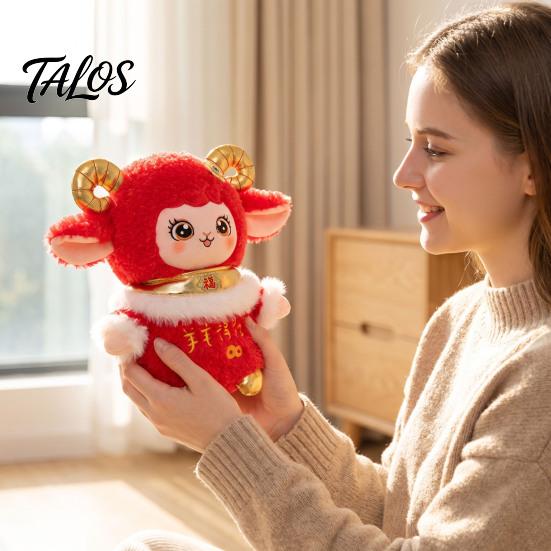 Lunar New Year Ornament 2027 of Sheep Zodiac Goat Plush Mascot Doll, Festive Red Stuffed Spring Festival Celebration Decor Toy with Gilded Horns, Soft