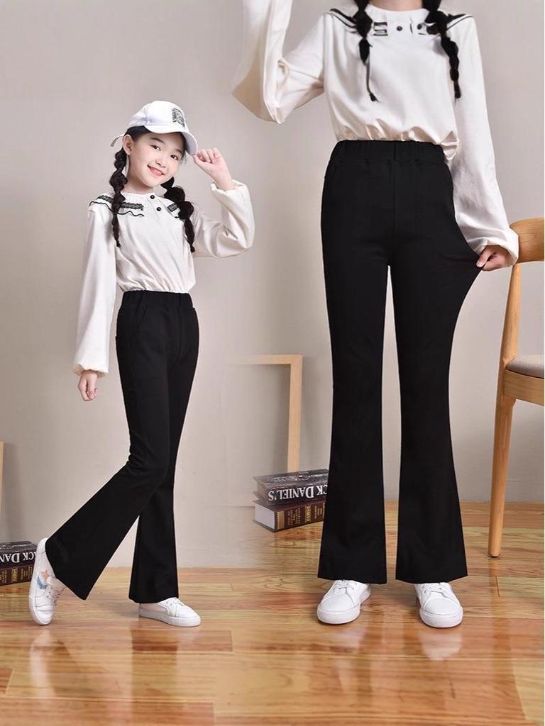 Stylish Black Flared Trousers for Girls - Fitted Waist, Autumn/Winter 2025, Casual Long Fit for Teens