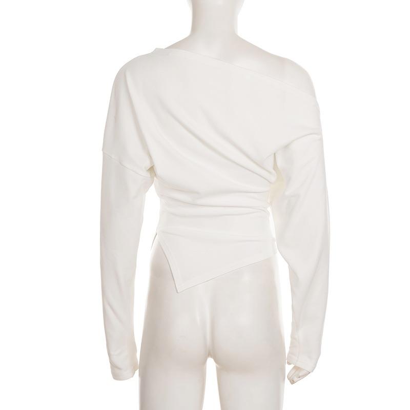 Off Shoulder Solid Long Sleeve Irregular Thermal T Shirt For Women