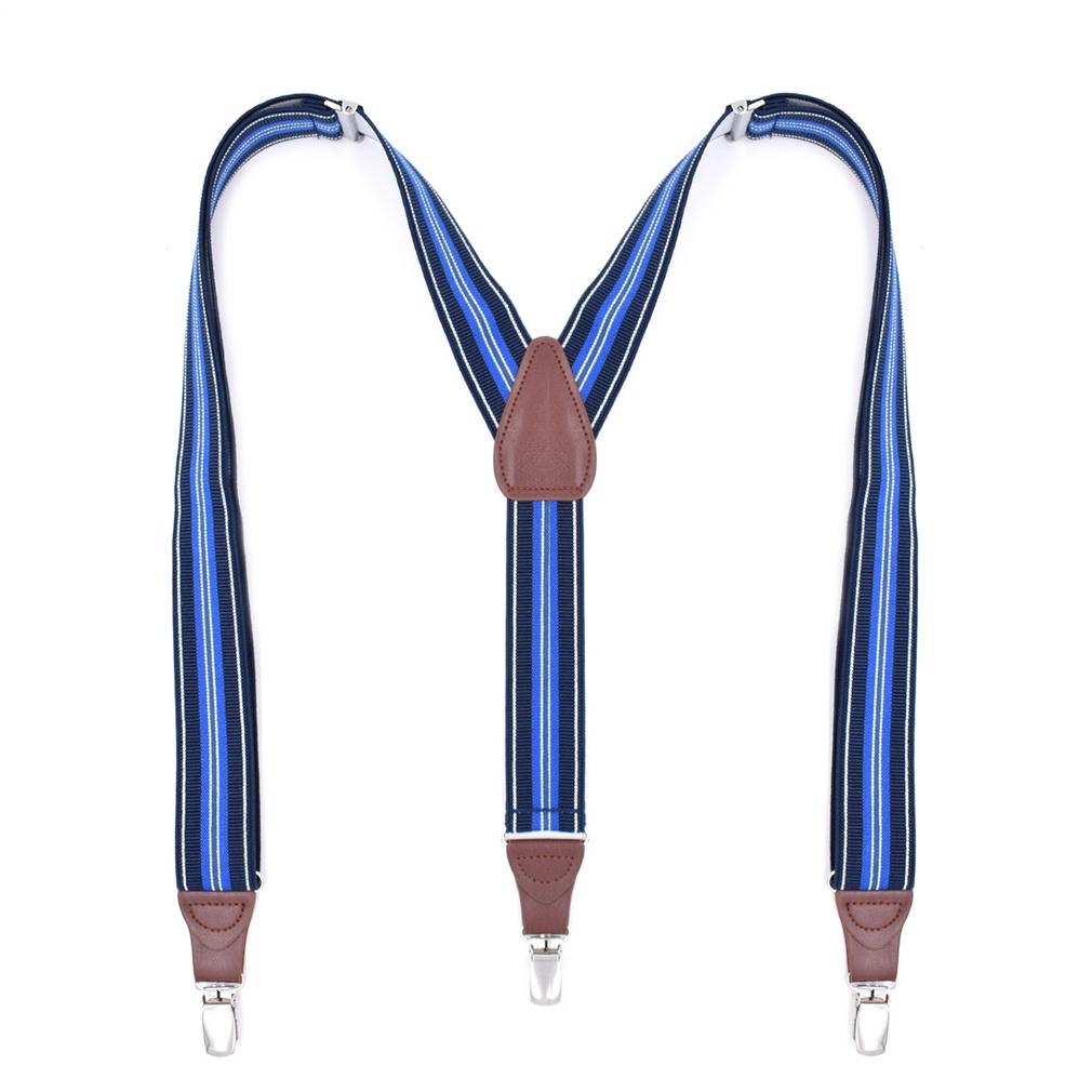 Men Elastic Y-Back Suspenders Stripe Dots Pattern 3 Clips Heavy Duty Trouser Braces
