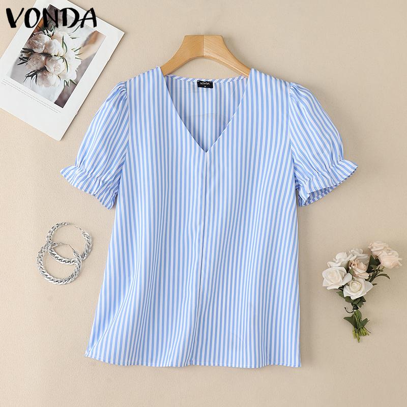 

VONDA Женская летняя повседневная блузка с V-образным вырезом и рукавами-фонариками в полоску 2XL