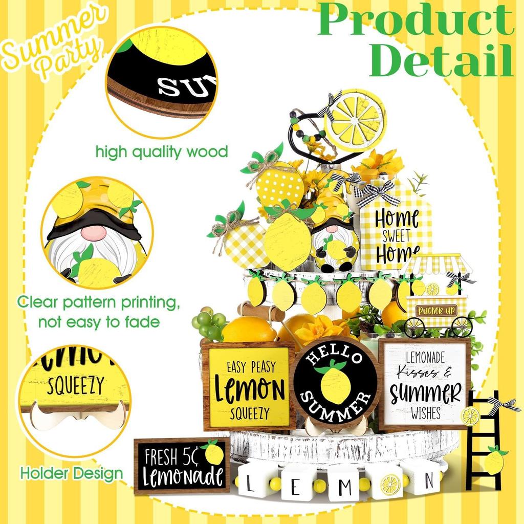 Summer Lemon Tiered Tray Decor Set Wood Sign Rustic Summer Home Table Decor DecoracióN Y Accesorios De Mesa Home Decor