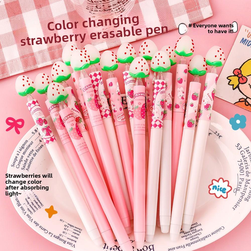 Strawberry-colored erasable pen for students, creative blue magic twist pen, cute and feminine gel pen