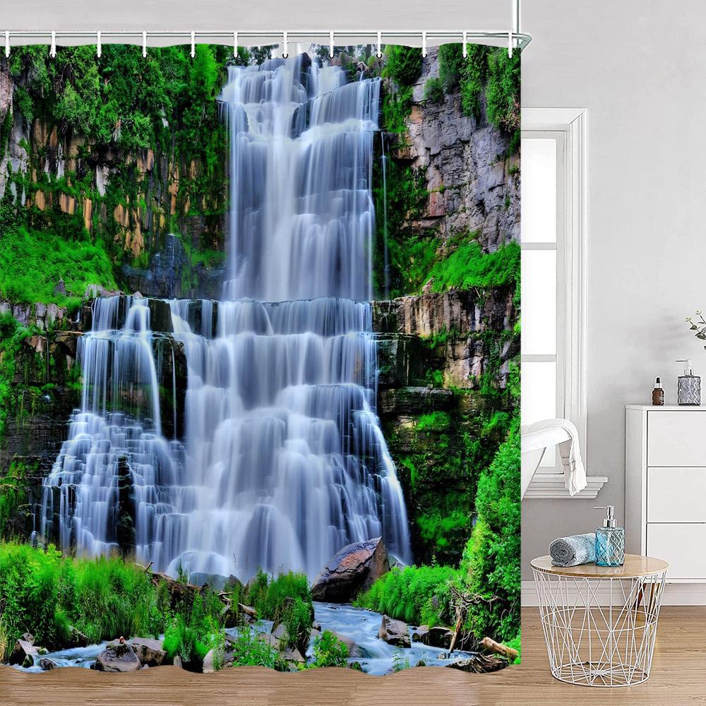 Waterfall Shower Curtains Natural Landscape Green Plants Forest Nature Greenery Home Decor for Bathroom Polyester Bath Curtain