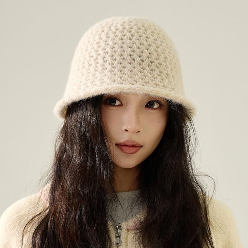 Autumn Winter Knitted Bucket Hat Women's Curling Imitation Hand Hook Hollow Fisherman Hat Warm Ear Protection Basin Hat