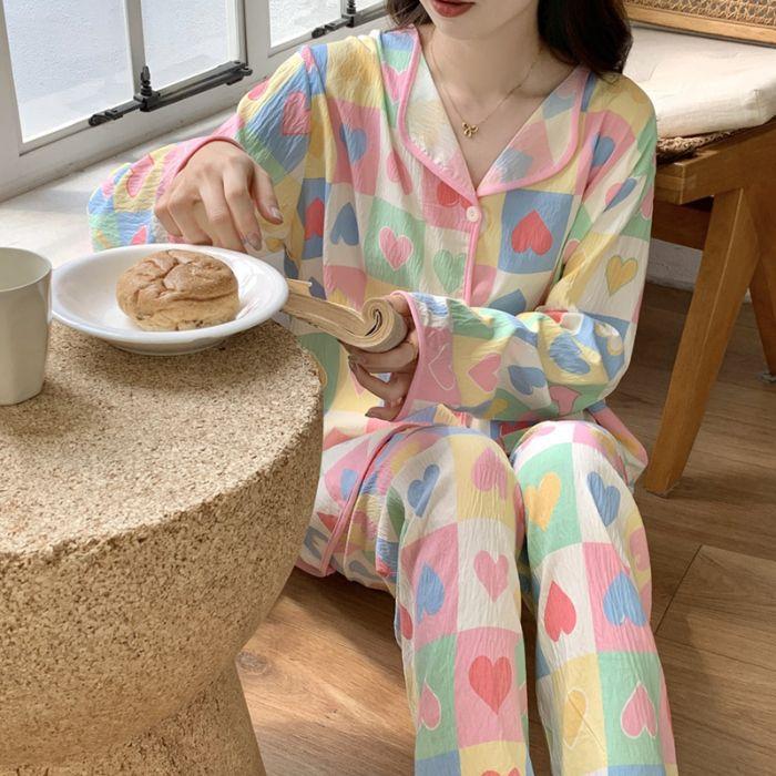 Spring and Autumn New Women's Pajamas Homewear Suit Girls Autumn and Winter Clouds Cotton Cardigan Cute Cartoon Homewear Suit