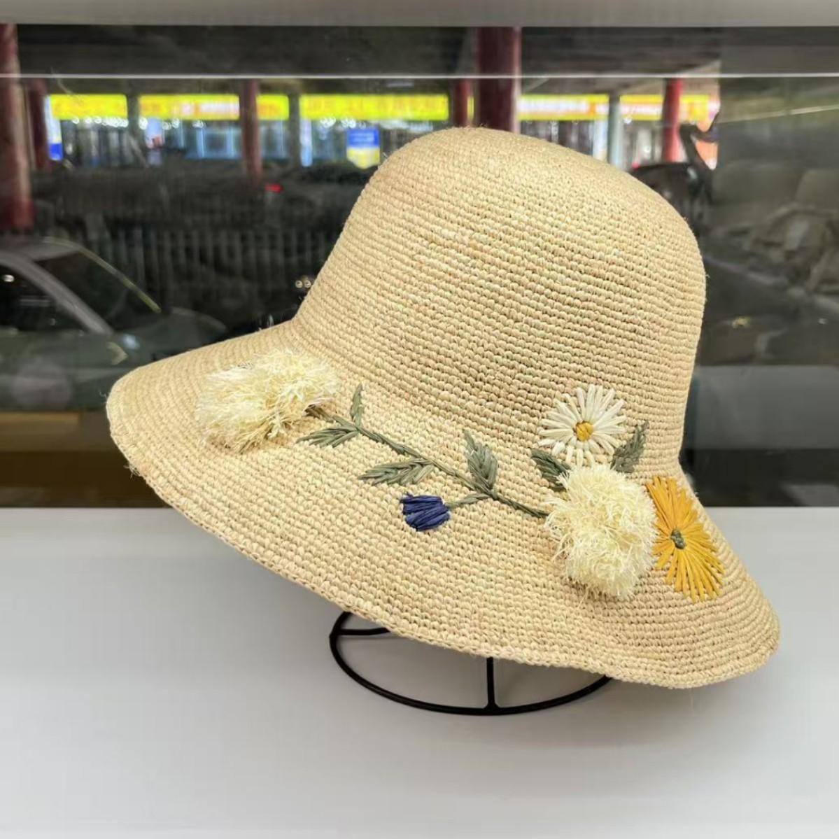 

High-quality French romantic handmade hook summer outing raffia big brim straw hat women s sun protection beach sun hat M（55-58cm）