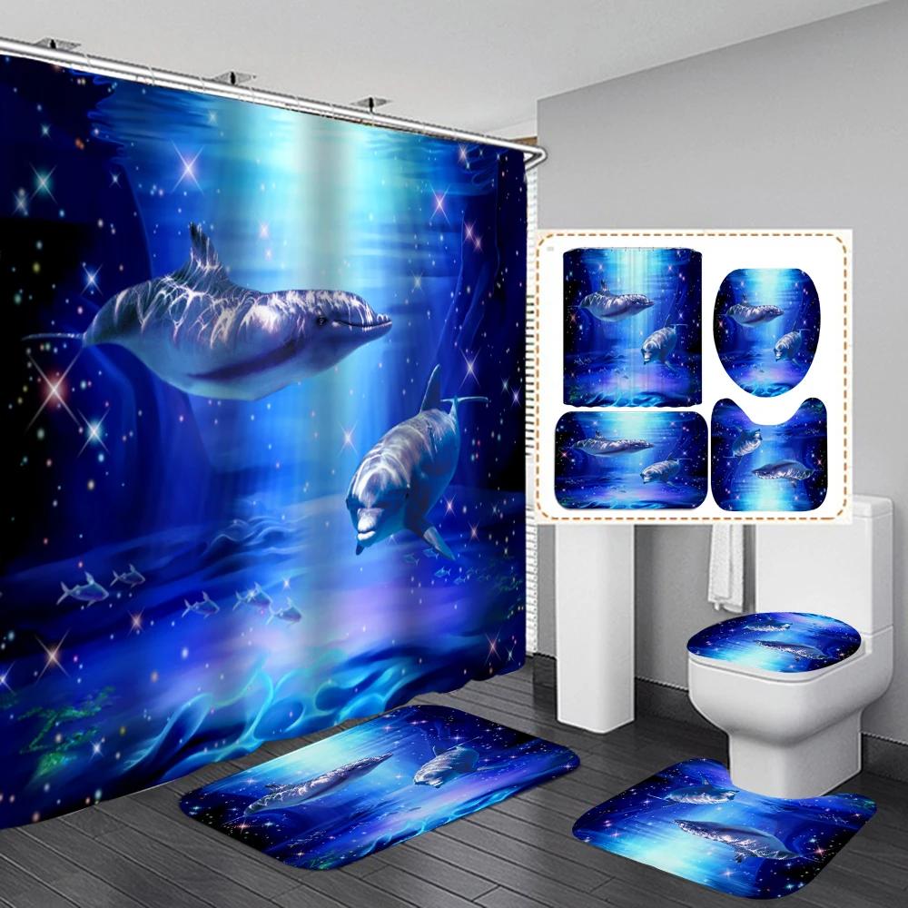 3D Ocean Design Dolphin Waterproof Fabric Bathroom Curtain Blue Shower Curtains Set Anti-skid Rugs Toilet Lid Cover Bath Mat
