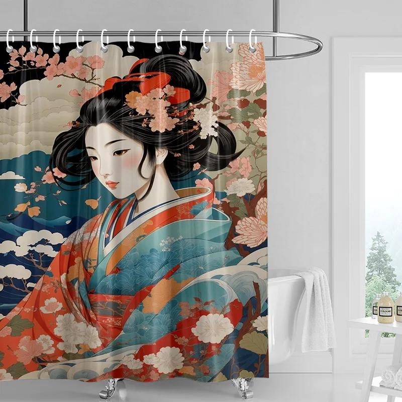 Japanese-style Gogi Retro Character Printed Shower Curtain Fading-resistant Bathroom Partition Curtain for Hotel Home Decoration