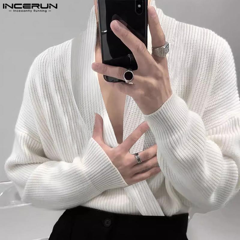 INCERUN Men Lapel V Neck Long Sleeve Knitted Sweaters Front Cross Loose Pullovers Tops