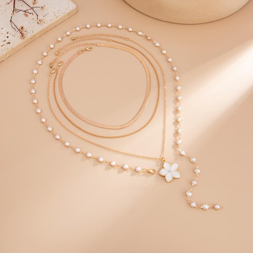 Drip Oil Metal Stacked Necklace Beads Multi Layered Stacked Collarbone Chain Y2K Flower Pendant Cross Necklace Set Women