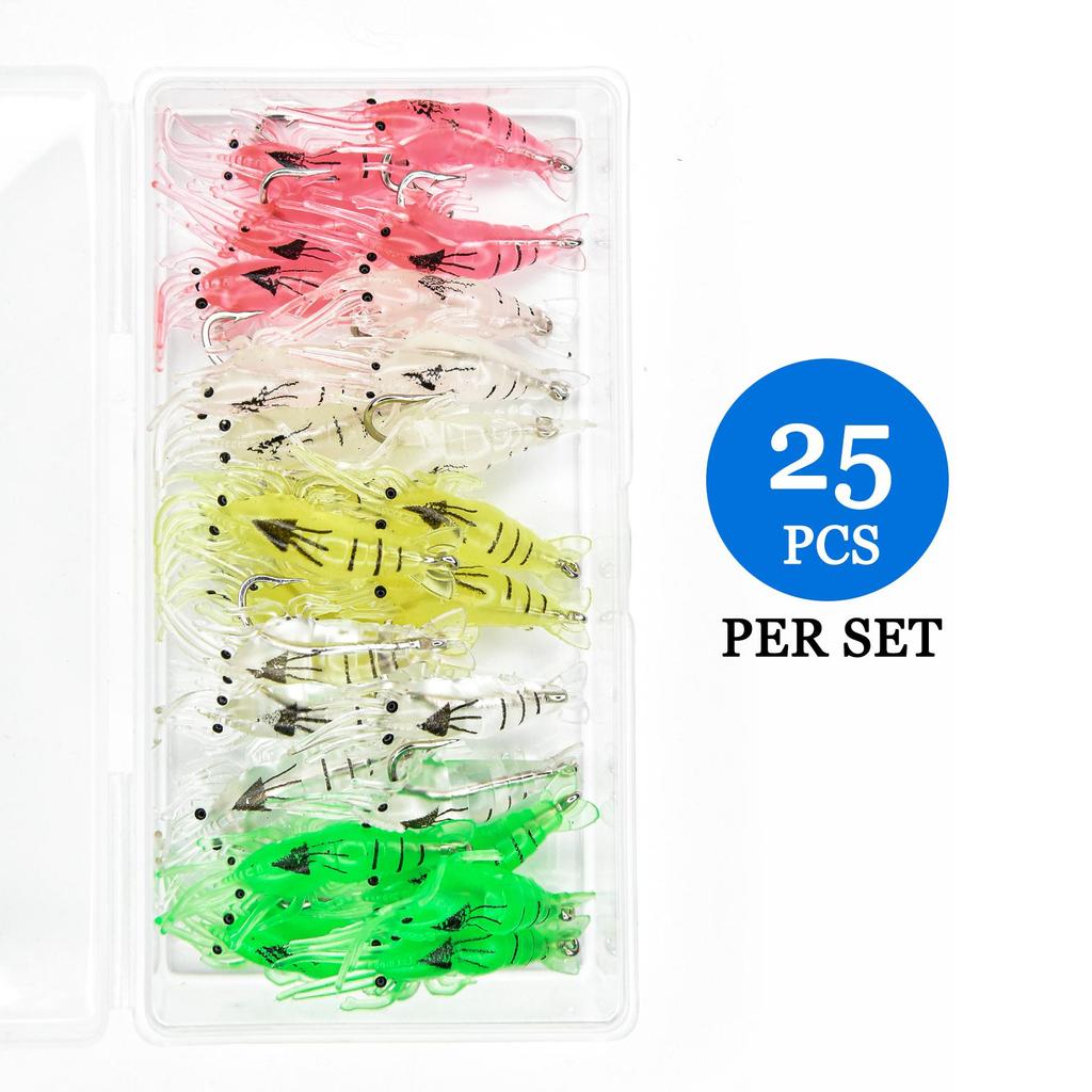 25Pcs 4.5cm 1.3g Soft Shrimp Lure Set - Realistic Silicone Artificial Shrimp Bait with Hook for Freshwater Saltwater Fishing