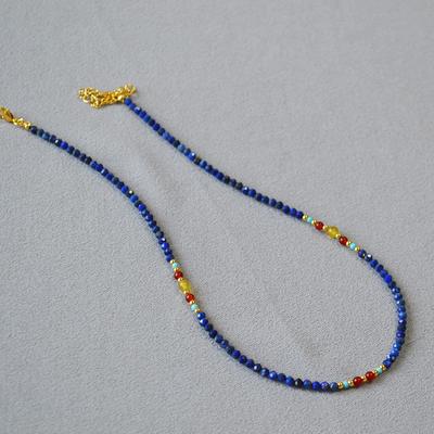 Guochao New Chinese Lapis Lazuli Agate Turquoise Real Stone Beaded Simple Temperament Retro Necklace Collarbone Chain Women