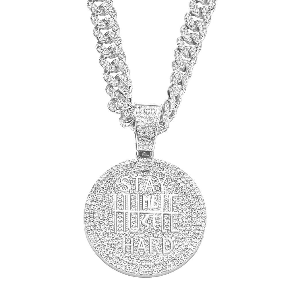 Full Diamond Keep Calm Letter Cuban Chain Pendant, European and American INS Style Hip Hop Pendant Necklace Men's Trend Jewelry