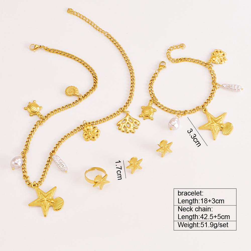 OAHLAN Ocean Series Colorful Scallop Starfish Pearl Sweater Chain 18k Gold Plated Stainless Steel Earrings Bracelet Necklace Set