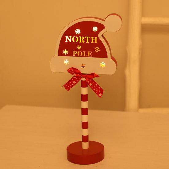 Christmas Street Sign Light with Bowknot Santa Stop Here North Pole Letter Vintage Reusable Xmas Holiday Decoration Desktop Guideboard LED Lamp