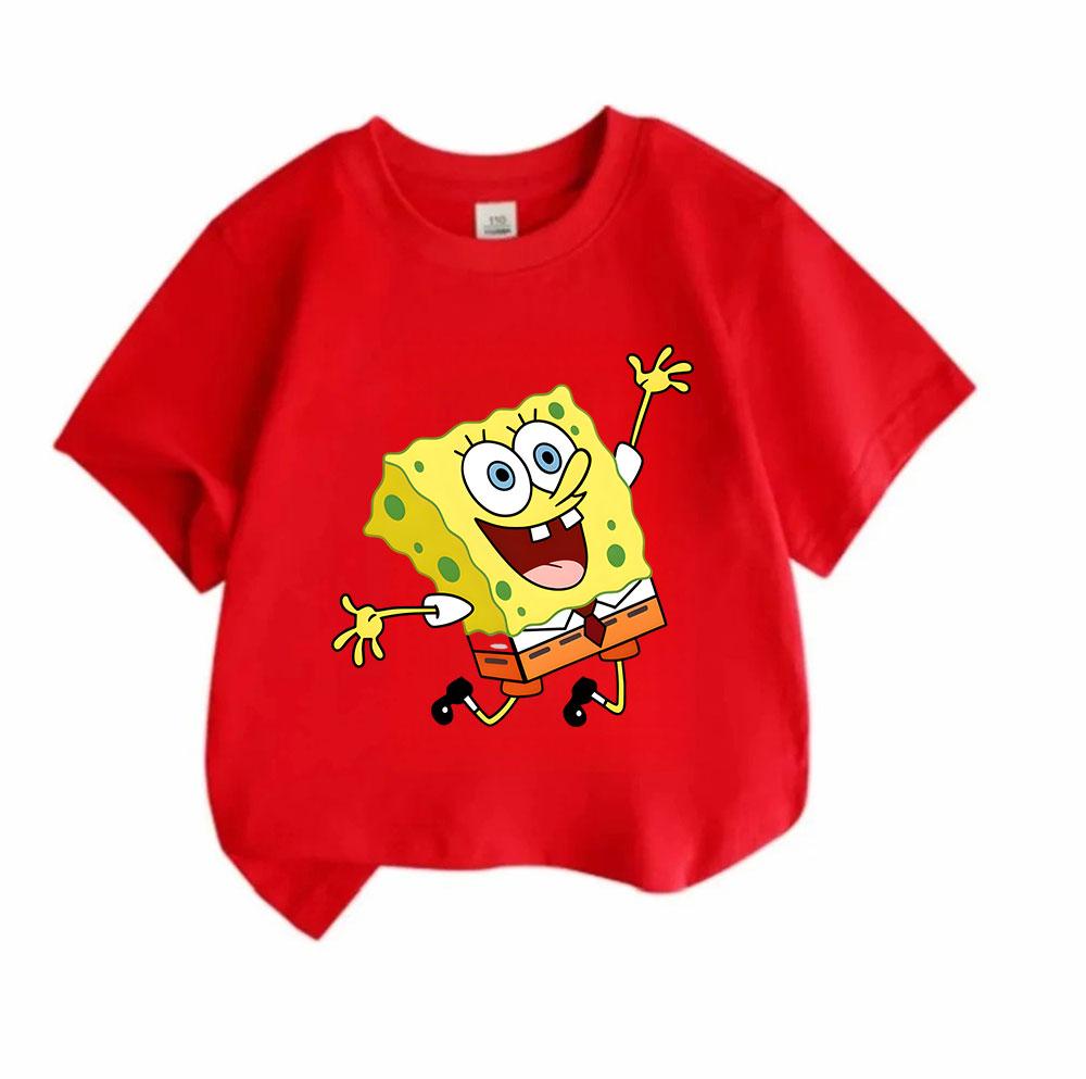 Kids Boys Girls 100% Cotton Crew Neck Short Sleeve T-shirt, Cute Happy Yellow Sponge Print Casual Lightweight Breathable Summer Tops for Children Dail