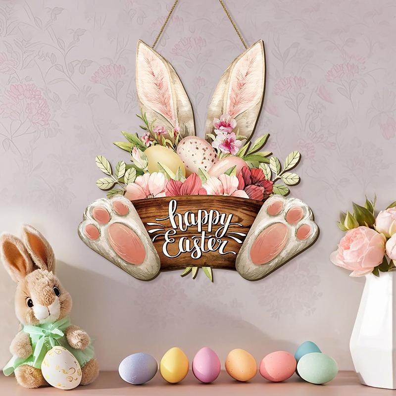 1pc Easter Wooden Bunny Sign, Modern Floral Design for Front Door, Spring Welcome Decor & Seasonal Home Gift,Easter Day