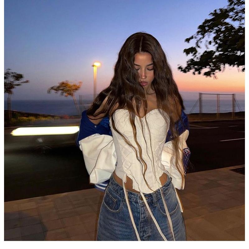 Women's Beige Bandeau Corset Top Ruffled Bust Lace Up Back Sleeveless Casual Crop Top