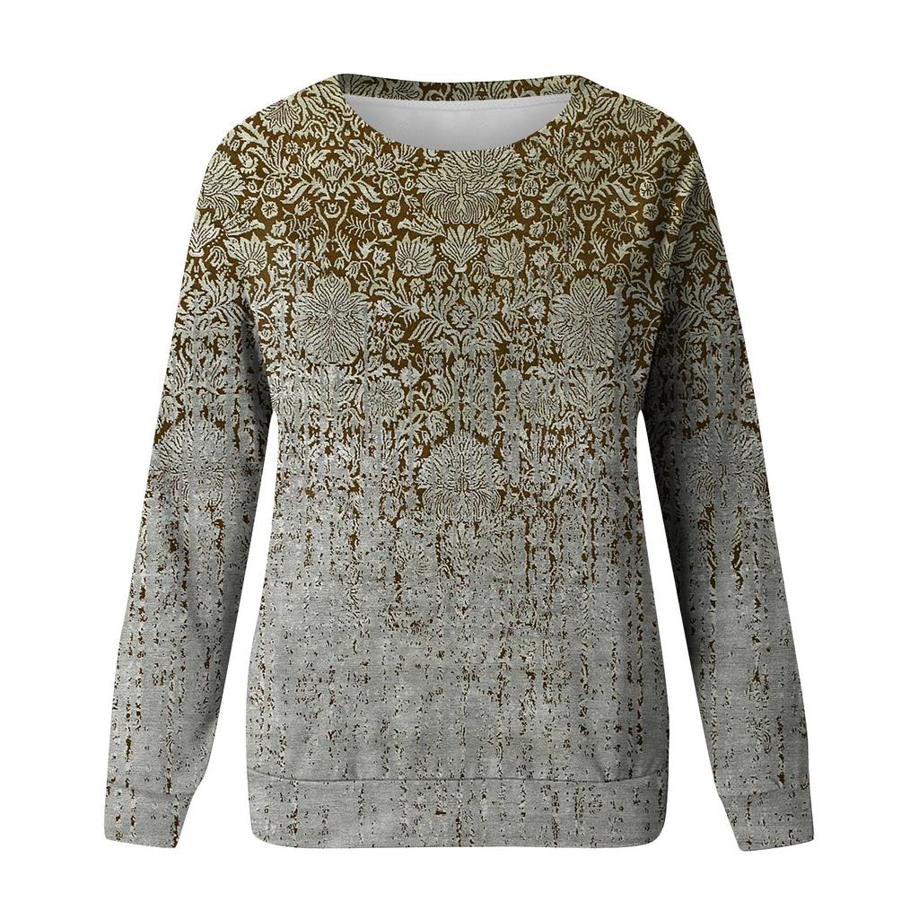 Damen Rundhals-Oberteile, Baumwolle, Damen, lässig, modisch, bedruckt, langärmelig, O-Ausschnitt, Pullover, Oberteil, Bluse