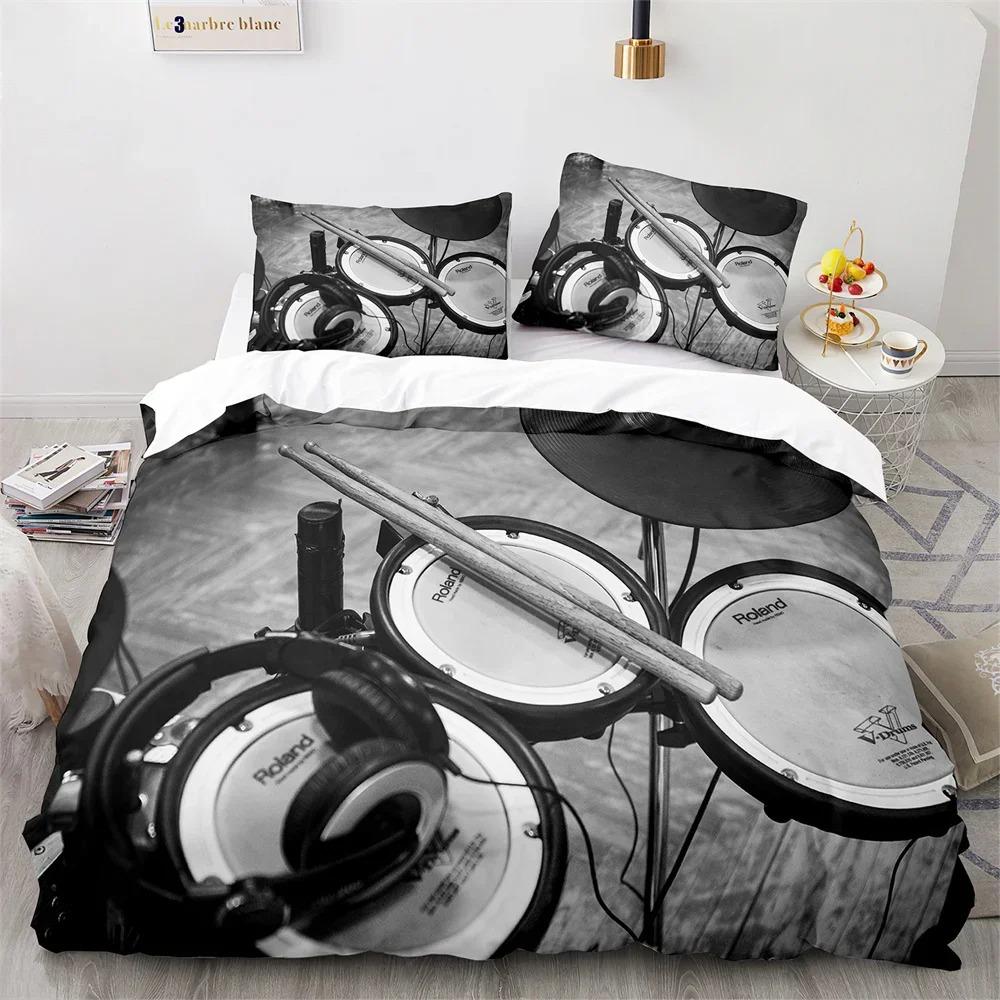 Drum Kit King Queen Duvet Cover Rock Musical Style Bedding Set for Kids Teens Adults Hip Hop Grunge Polyester Quilt Cover