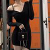 Spice girl black pure desire irregular long-sleeved dress new temperament waist short skirt slim and thin
