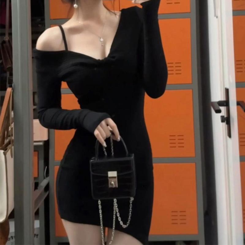 Spice girl black pure desire irregular long-sleeved dress new temperament waist short skirt slim and thin