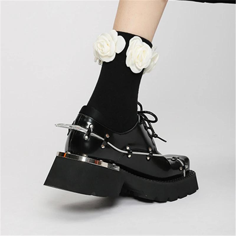 New Retro Metal Decor Women Derby Shoes Thick Sole Leather Shoes Casual Loafers Black Lace-up Platform Flats