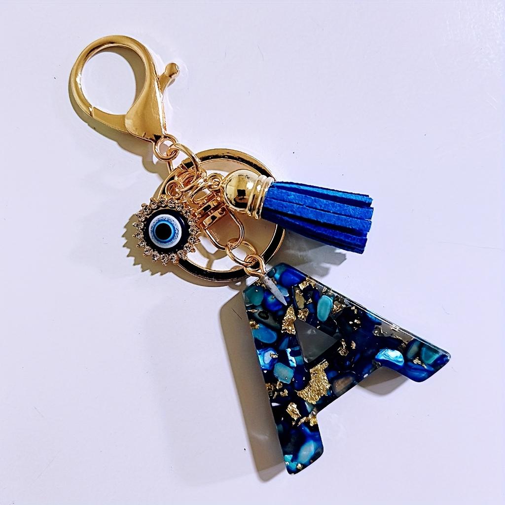 Blue Resin Initial Keychain - Evil Eye Letter Charm with Rhinestones & Tassel, Stylish Gift for Women, Lobster Clasp Accessory