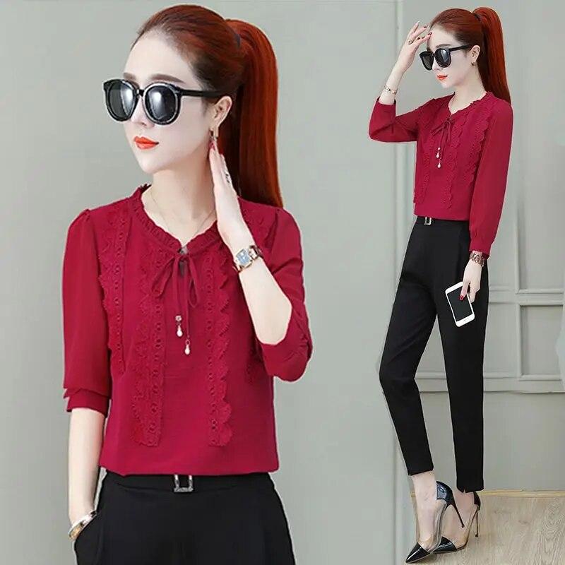 Spring Autumn New Loose Chiffon Shirt Korean Long Sleeved Bottoming Top Women's Lace Ruffled Collar Blouse M-4XL