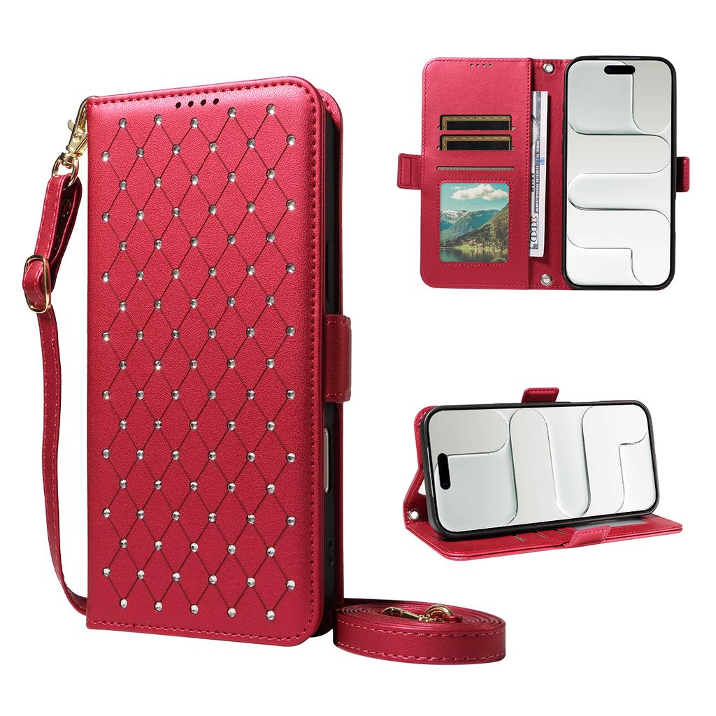 Crossbody Cards Solt Wallet Flip Leather Bling Phone Case for iPhone 17 Pro Max 16 Plus 15 14 13 12 11 Diamond Lanyard Bag Cover