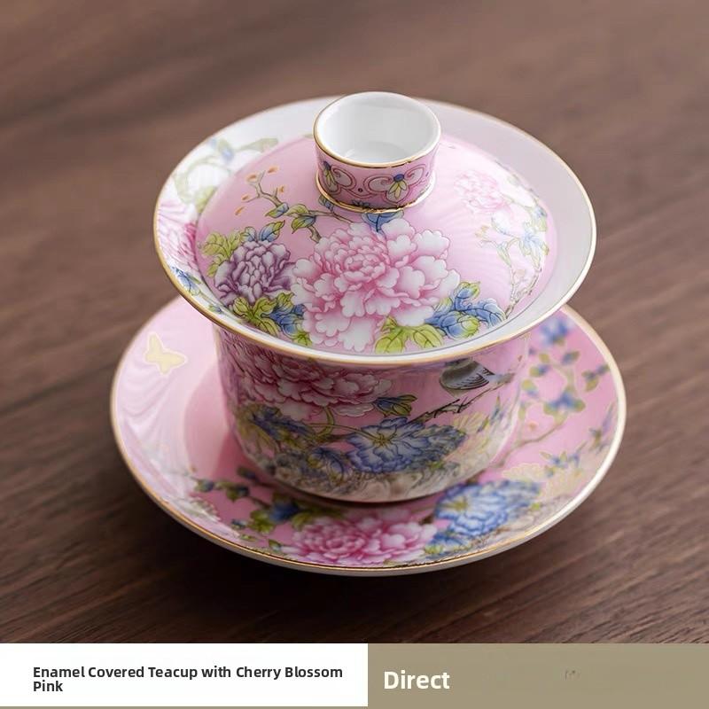 Enamel Color Ceramic Tea Cup Gongfu Tea Set Home Use Drinking Cup Style Peony Handmade Craft High Temperature Glaze