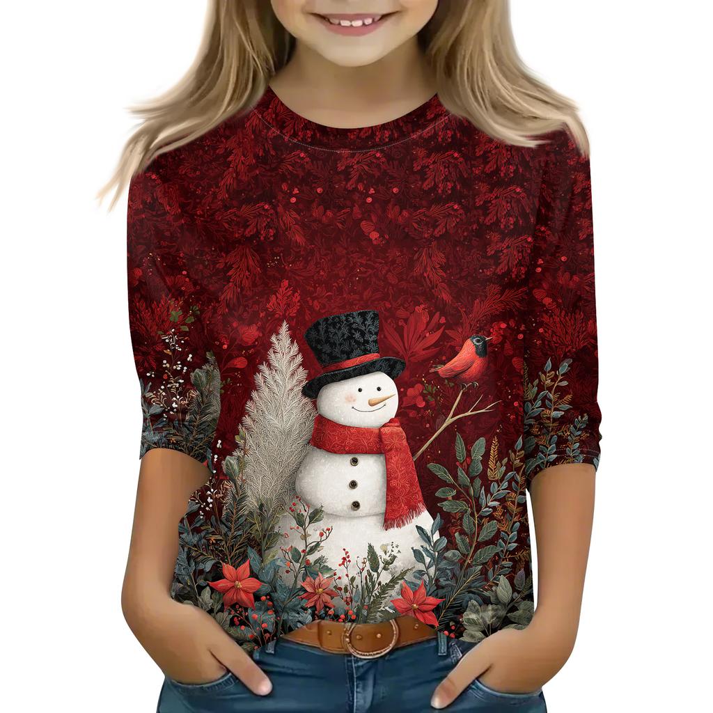 Christmas Day Print Tops For Youth Girls 4-11 Years Round Neck 3/4 Sleeves T-Shirts Trendy Tops Outfit Tees
