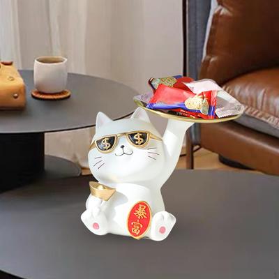 Creative Lucky Cat Statue Storage Tray Desk Organizer Candy Dish for Table Decoration