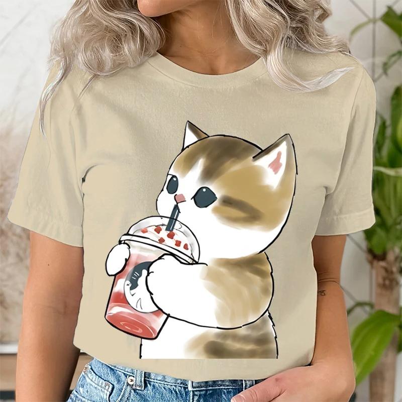Women Boba Tea Cat Print Casual Clothes Tee Tshirt Fashion Female Tops Mujer Camisetas Ladies Anime Cartoon Graphic TShirt Tops