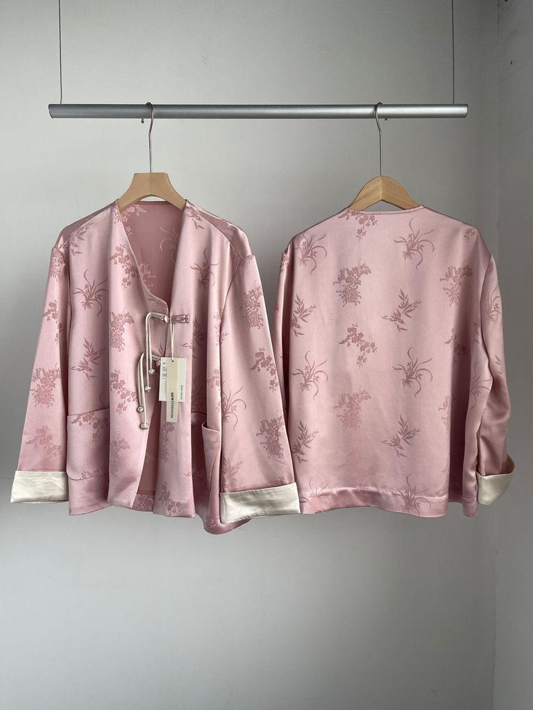 2024 Cool Zen-Style Women's Pink Hanfu Shirt Jacket for Early Autumn