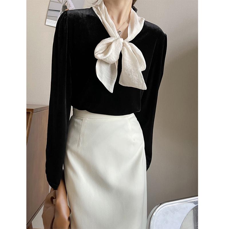 Oranžová Zhi Dámská Vintage Francouzská Sametová Halenka - Kolekce Podzim 2024