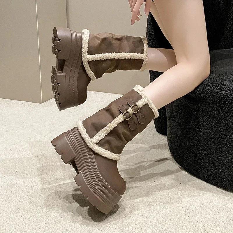 10CM Thick Heels Motorcycle Boots Women High Platform Leather Snow Sneakers Winter Warm Fur Mid-calf Boots Plush Short Punk Boot