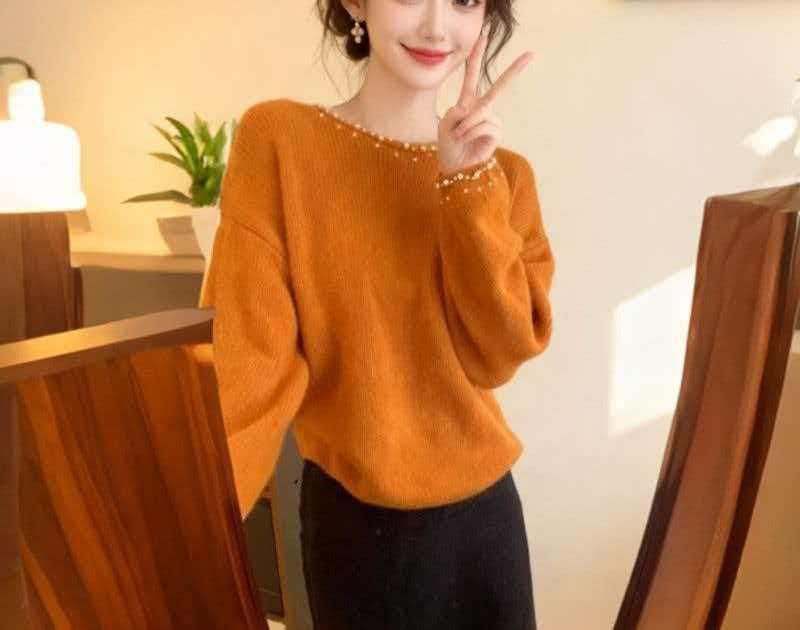 Chic Beaded Korean Style Long Sleeve Sweater - Loose Knit for Autumn/Winter 2025