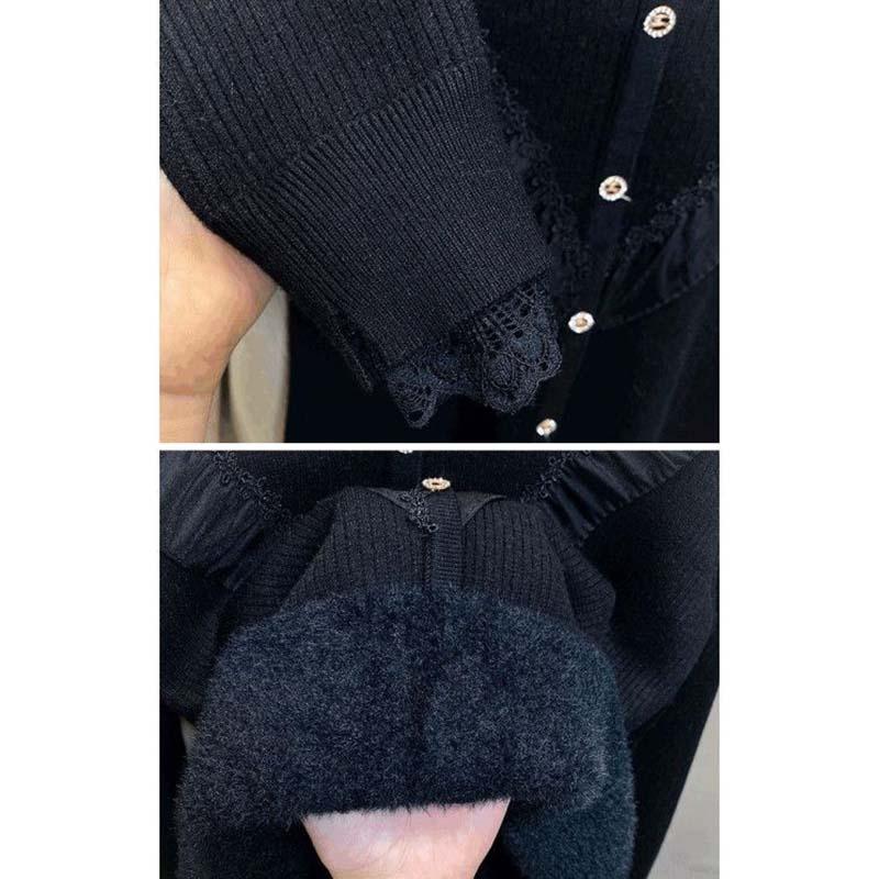 Women Ruffles Lace Patchwork Cashmere Sweater Autumn Winter Casual Knitted Jumpers Long Sleeve Slim Pullovers